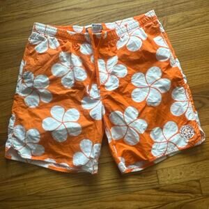 Toes on the Nose Orange White Floral Swim Shorts L Surf Retro Beach